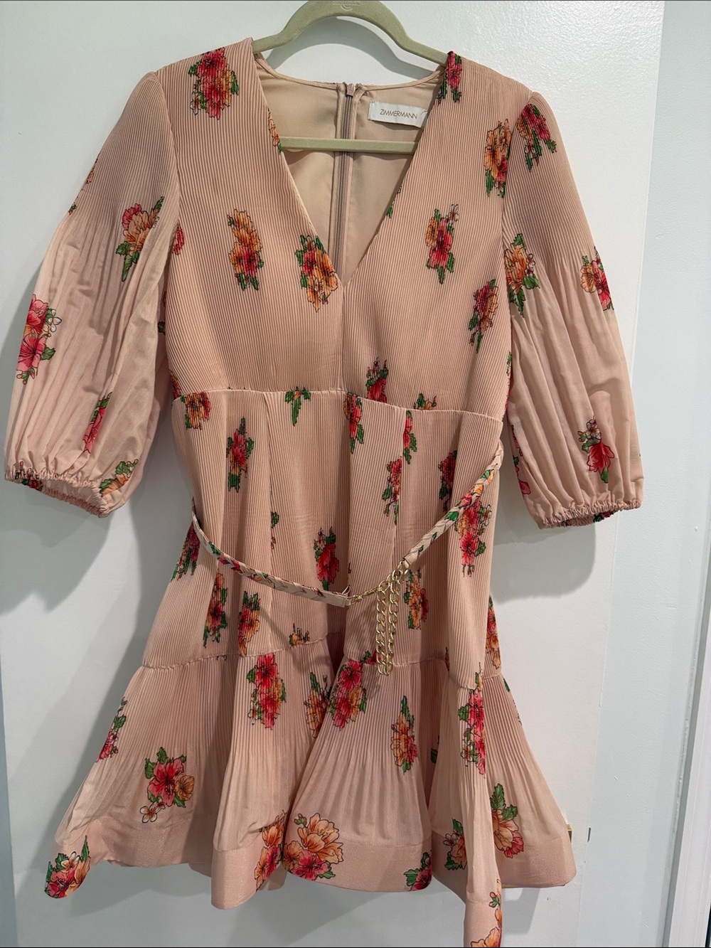 Zimmermann Blush Pink Floral V-Neck Pleated Mini Dress